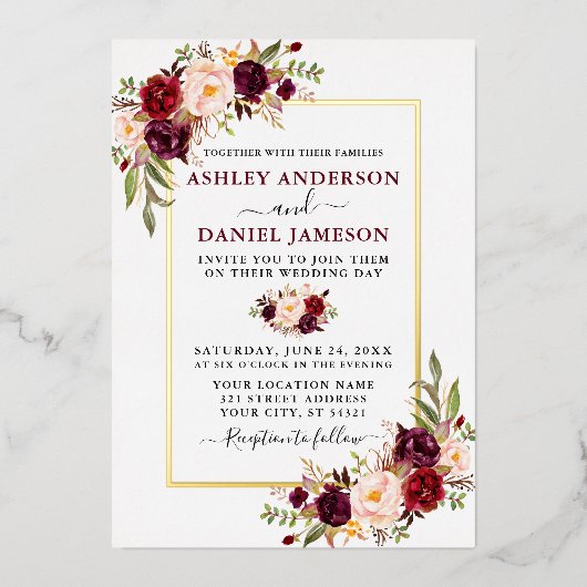 Invitation En Aluminium Aquarelle Floral Mariage Bourgogne Or (Recto)