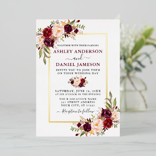 Invitation En Aluminium Aquarelle Floral Mariage Bourgogne Or (Debout devant)