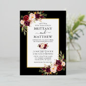Invitation En Aluminium Aquarelle Floral Mariage photo Black Gold (Debout devant)
