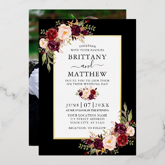 Invitation En Aluminium Aquarelle Floral Mariage photo Black Gold (Recto/Verso)