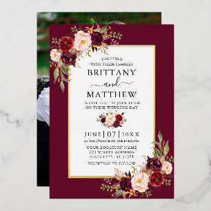 Invitation En Aluminium Aquarelle Floral Photo Mariage Bourgogne Or