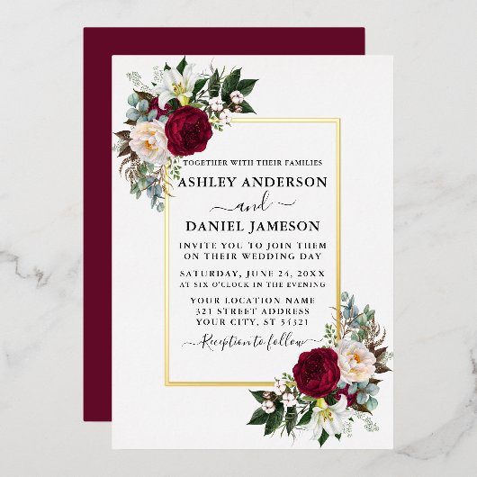 Invitation En Aluminium Aquarelle Floral Vert Mariage Or (Recto/Verso)