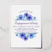 Invitation En Aluminium Aquarelle florale d'anémone bleu argenté fiançaill (Recto)