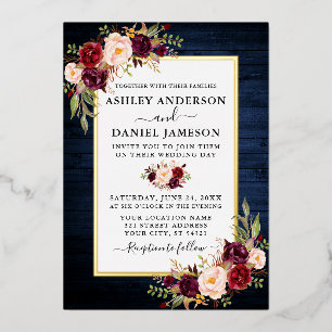 Invitation En Aluminium Aquarelle Florale Mariage Bleu Bois Or