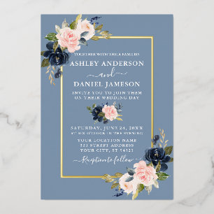 Invitation En Aluminium Aquarelle florale mariage rose poussiéreux bleu or