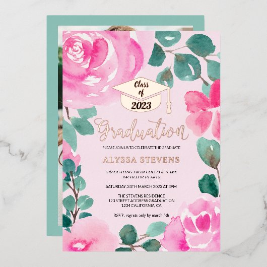 Invitation En Aluminium Aquarelle florale rose (Recto/Verso)