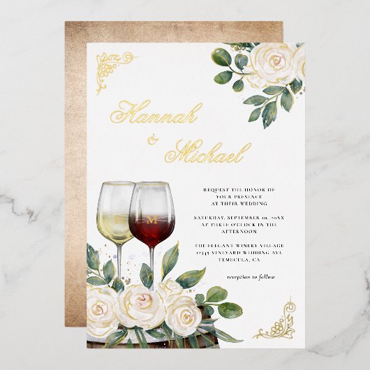 Invitation En Aluminium Aquarelle Florale Vignoble Mariage Or (Recto/Verso)
