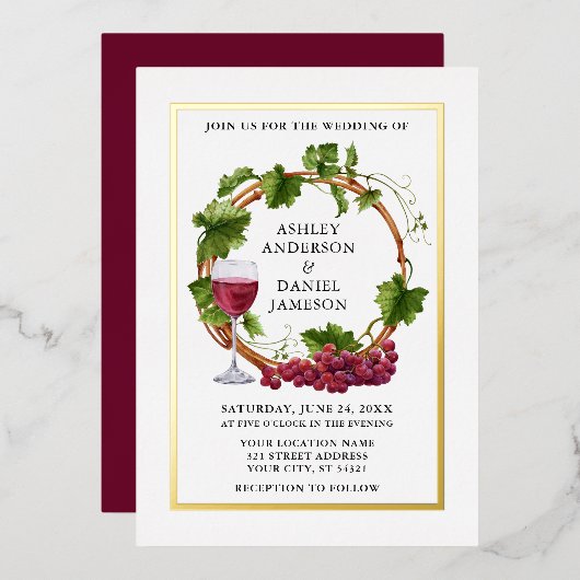Invitation En Aluminium Aquarelle Graphe Vin Wreath Mariage Or (Recto/Verso)