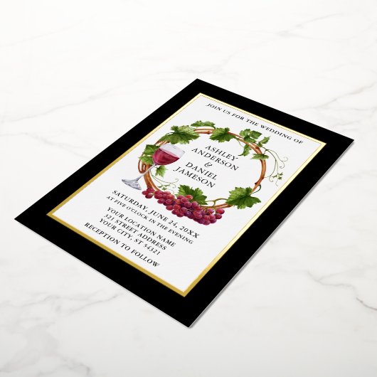 Invitation En Aluminium Aquarelle Grappe Vins Wreath Mariage Black Gold (Rotation)