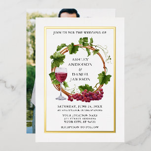 Invitation En Aluminium Aquarelle Grappe Vins Wreath Photo Mariage Or
