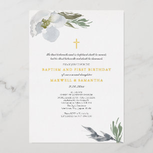 Invitation En Aluminium Aquarelle gris cool Florales Twins Baptême