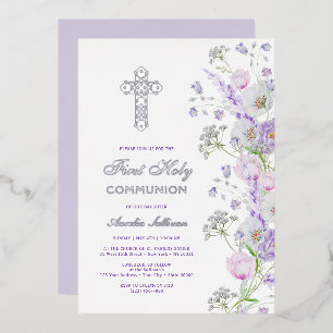 Invitation En Aluminium Aquarelle Lilac Fleurs Première communion