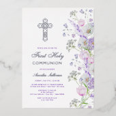Invitation En Aluminium Aquarelle Lilac Fleurs Première communion (Recto)
