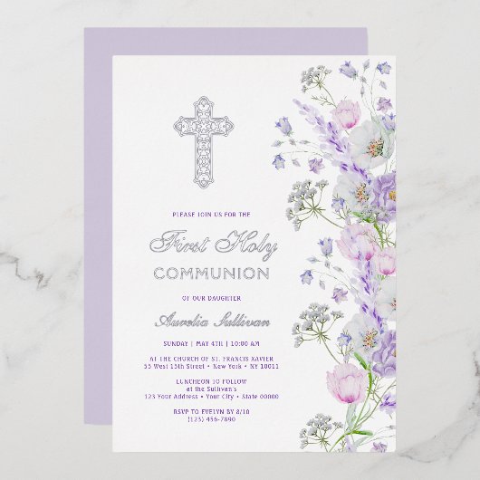 Invitation En Aluminium Aquarelle Lilac Fleurs Première communion (Recto/Verso)