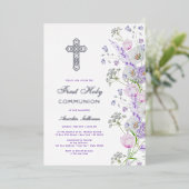 Invitation En Aluminium Aquarelle Lilac Fleurs Première communion (Debout devant)