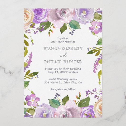 Invitation En Aluminium Aquarelle Lilac Floral Mariage élégant (Recto)
