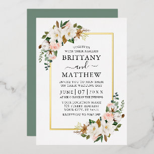 Invitation En Aluminium Aquarelle Magnolias Roses Mariage Vert Sauge Or
