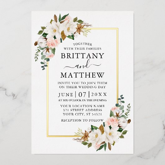 Invitation En Aluminium Aquarelle Magnolias Roses Roses Rose Mariage Or (Recto)