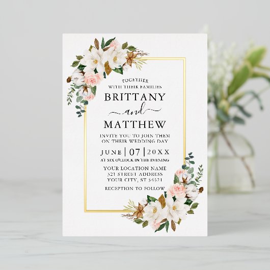 Invitation En Aluminium Aquarelle Magnolias Roses Roses Rose Mariage Or (Debout devant)