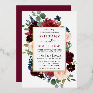 Invitation En Aluminium Aquarelle mariage Cadre Floral Or Bourgogne