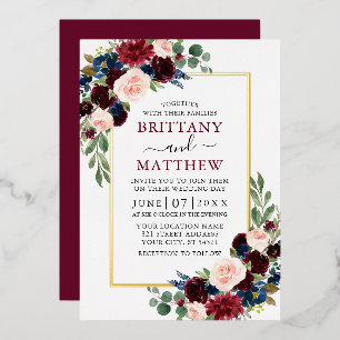 Invitation En Aluminium Aquarelle mariage floral rose bleu Bourgogne or