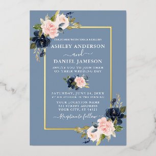 Invitation En Aluminium Aquarelle mariage Floral rose Dusty Blue Gold