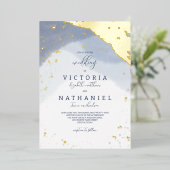 Invitation En Aluminium Aquarelle Mariage or moderne et élégant bleu Dusty (Debout devant)