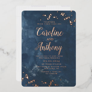 Invitation En Aluminium Aquarelle mariage rose en or bleu marine étoilé