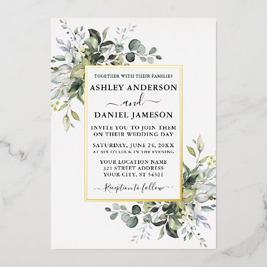 Invitation En Aluminium Aquarelle mariage Vert Sage Vert Or (Recto)
