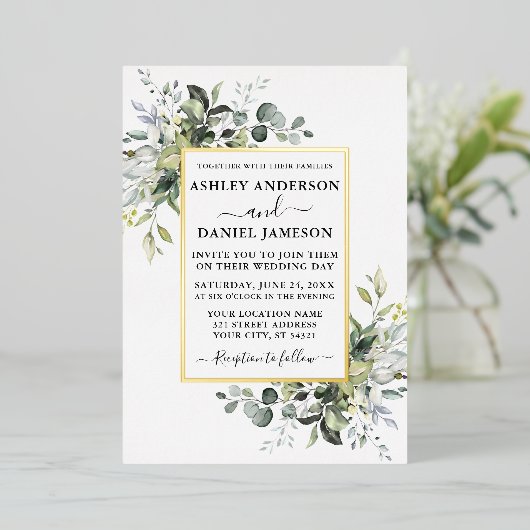Invitation En Aluminium Aquarelle mariage Vert Sage Vert Or (Debout devant)