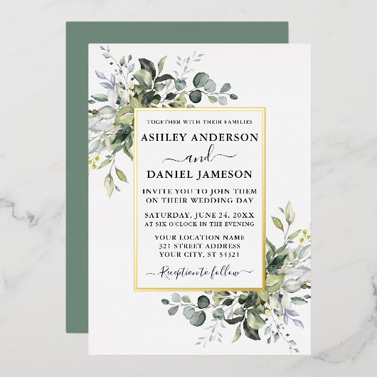 Invitation En Aluminium Aquarelle mariage Vert Sage Vert Or (Recto/Verso)