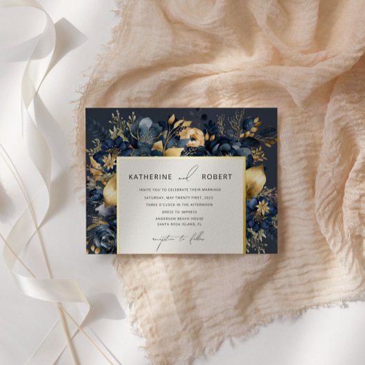 Invitation En Aluminium Aquarelle Midnight Blue Gold FlorMariage
