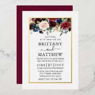 Invitation En Aluminium Aquarelle Mixte Floral Mariage Bourgogne Or