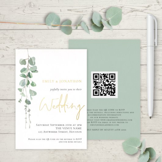Invitation En Aluminium Aquarelle moderne Eucalyptus Mariage Or Real