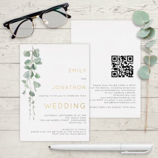 Invitation En Aluminium Aquarelle moderne Eucalyptus Mariage Or Real