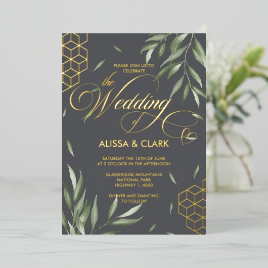 Invitation En Aluminium Aquarelle moderne Foliage Gras Accents géométrique (Debout devant)