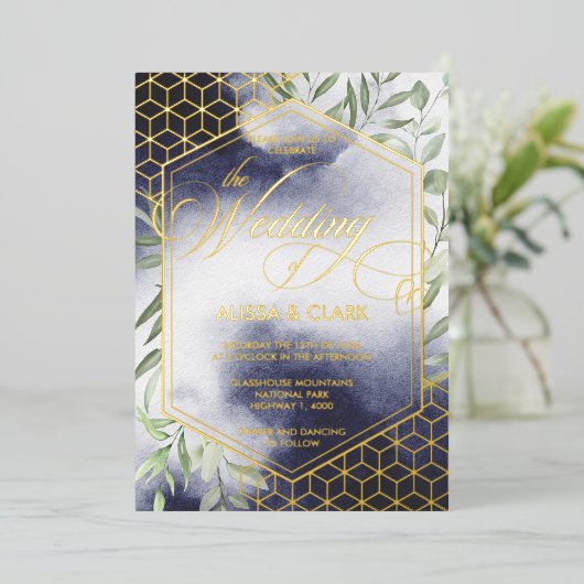 Invitation En Aluminium Aquarelle moderne Foliage Gras Cadre géométrique (Debout devant)