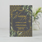 Invitation En Aluminium Aquarelle moderne Foliage Gras Cadre géométrique (Debout devant)