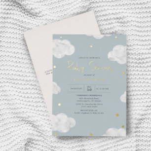 Invitation En Aluminium Aquarelle Nuages Bleu Grey Baby shower Garçon Or
