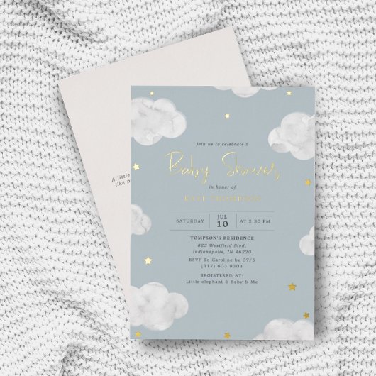 Invitation En Aluminium Aquarelle Nuages Bleu Grey Baby shower Garçon Or