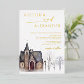 Invitation En Aluminium Aquarelle Old Church Neige Mariage d'hiver (Debout devant)