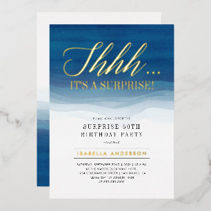 Invitation En Aluminium Aquarelle or et bleu Surprise Anniversaire