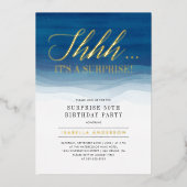Invitation En Aluminium Aquarelle or et bleu Surprise Anniversaire (Recto)