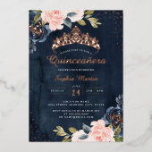 Invitation En Aluminium Aquarelle or Rose de la Marine Quinceanera (Recto)