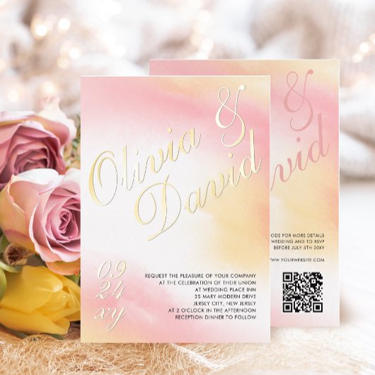 Invitation En Aluminium Aquarelle Pastel Yellow Pink RSVP QR Mariage