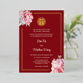Invitation En Aluminium Aquarelle Peony Rouge or Mariage chinois (Debout devant)