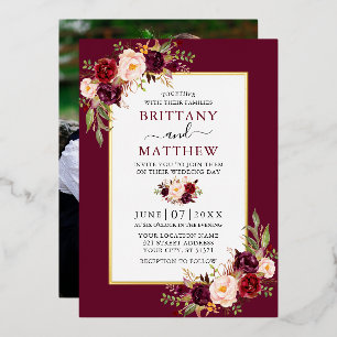 Invitation En Aluminium Aquarelle Photo Fleurs Bordeaux Mariage Or