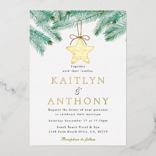 Invitation En Aluminium Aquarelle Pine Boughs Noël Mariage d'hiver (Recto)