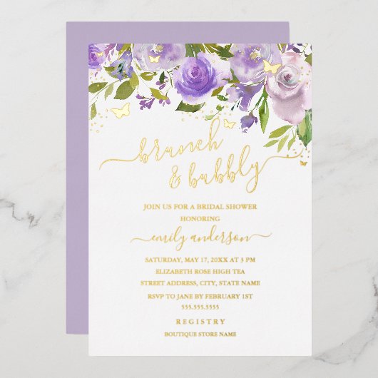 Invitation En Aluminium Aquarelle Purple Or Brunch Et Bubbly (Recto/Verso)