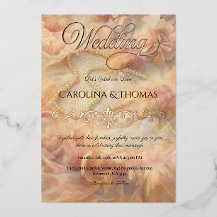 Invitation En Aluminium Aquarelle romantique perles florales Plumes Mariag